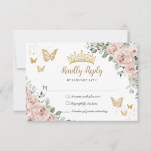 Dusty Pink Floral Butterfells Gold Quinceañera RSVP Karte