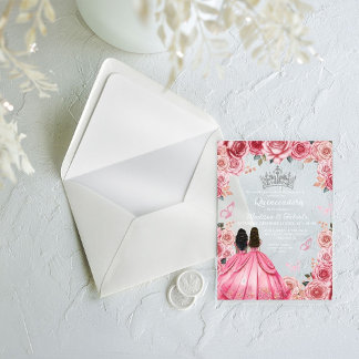 Dusty Pink Floral Butterfly Twin Girl Quinceanera Acryleinladungen