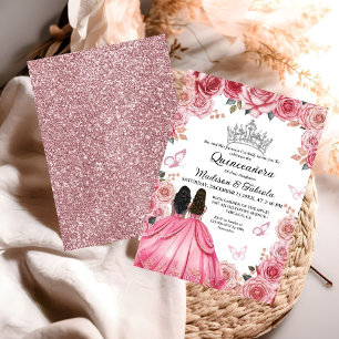 Dusty Pink Floral Butterfly Twin Girl Quinceanera Einladung
