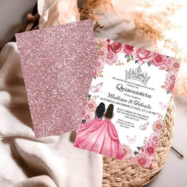 Dusty Pink Floral Butterfly Twin Girl Quinceanera Einladung (Von Creator hochgeladen)