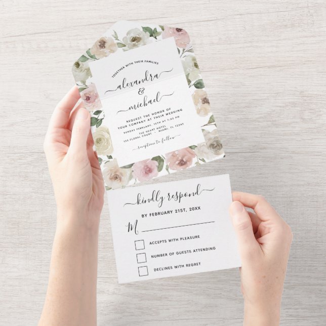 Dusty Pink Floral Eukalyptus Wedding RSVP All In One Einladung (Abreißen)