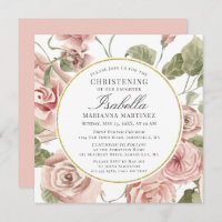 Dusty Pink Floral Gold Round Frame Christening