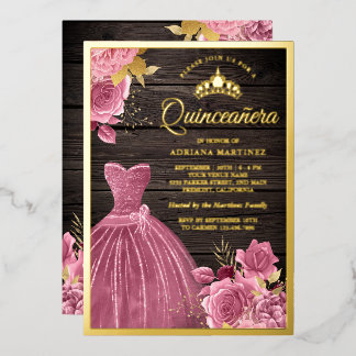 Dusty Pink Floral Gown Barn Holz Quinceanera Gold Folieneinladung