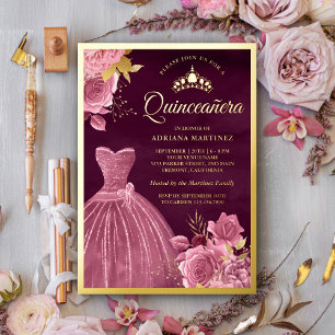 Dusty Pink Floral Gown Plum Quinceanera Gold Folieneinladung