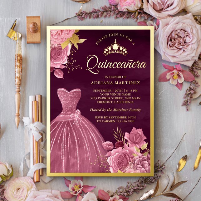 Dusty Pink Floral Gown Plum Quinceanera Gold Folieneinladung (Von Creator hochgeladen)
