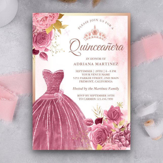 Dusty Pink Floral Gown Rose Gold Quinceanera Einladung (Von Creator hochgeladen)