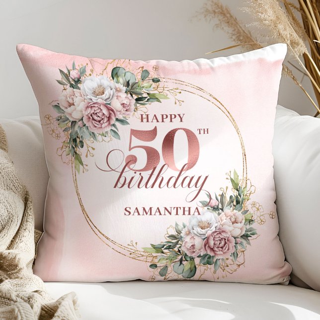 Dusty Pink Floral Greenery 50th Birthday Pillow  Kissen (Dusty Pink Floral Greenery 50th Birthday Pillow Gift)