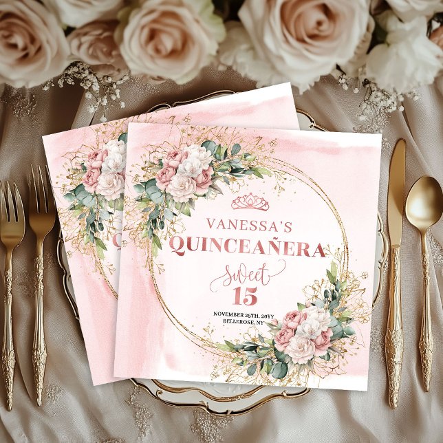 Dusty Pink Floral Napkins for Elegant Quinceañera Serviette (Dusty Pink Floral Napkins for Elegant Quinceañera)
