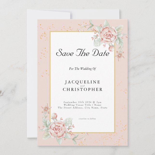 Dusty Pink Floral Peony Save the Date Hochzeit Einladung (Vorderseite)