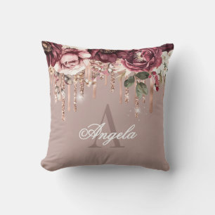 Dusty Pink Floral Rose Gold Glitzer Tropfen Monogr Kissen