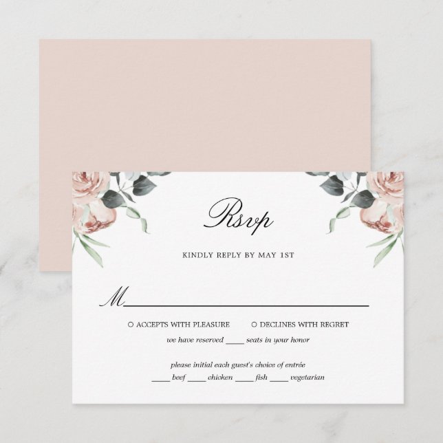 Dusty Pink Floral Rose Hochzeit RSVP Card Karte (Vorne/Hinten)
