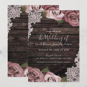 Dusty Pink Floral Rose Rustikales Holz & Spitzen H Einladung