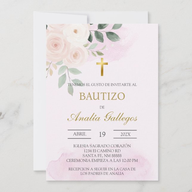 Dusty pink floral Spanische Taufe Einladung (Vorderseite)