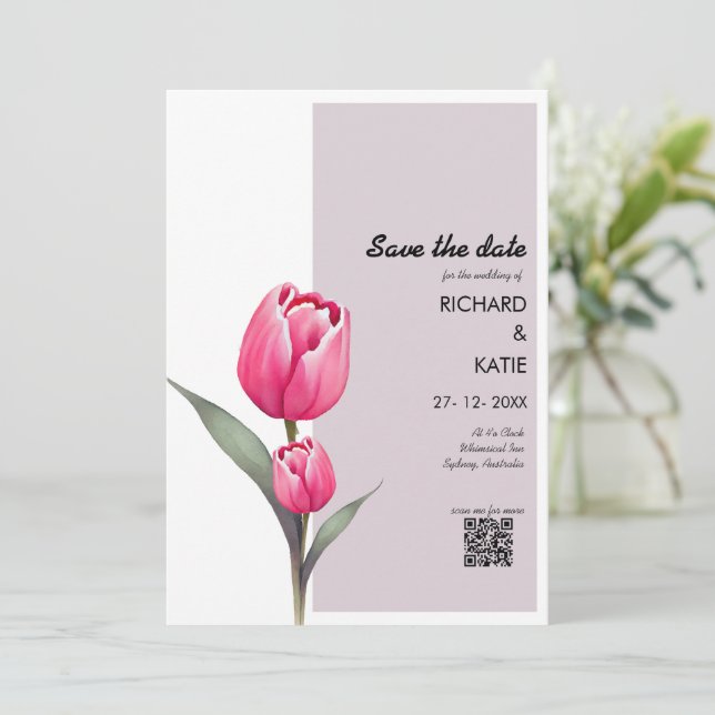 Dusty pink floral stylischer Qr-Code Save the Date Einladung (Stehend Vorderseite)