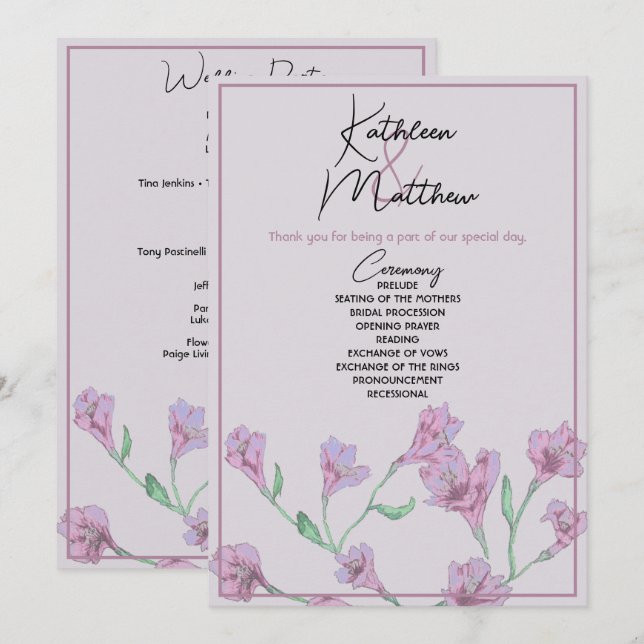 Dusty Pink Floral Watercolor Wedding Programm (Vorne/Hinten)
