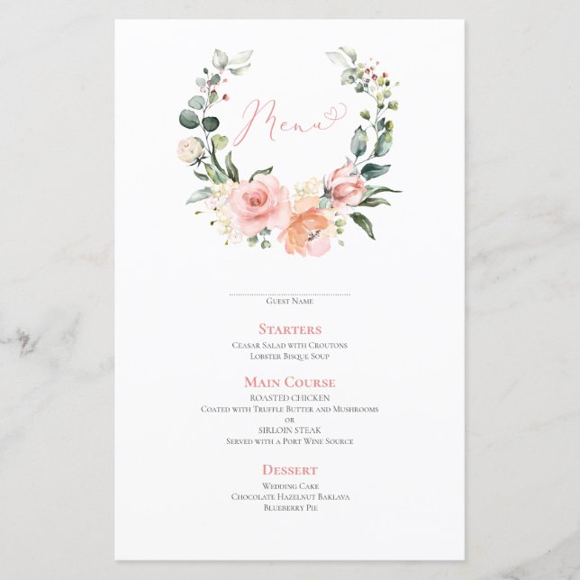 Dusty Pink Floral Wreath Wedding Menu (Vorderseite)