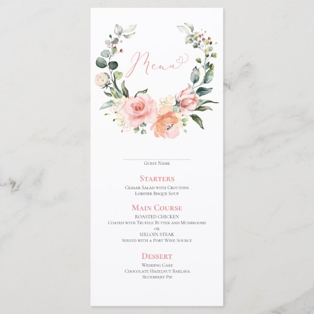 Dusty Pink Floral Wreath Wedding Menu Menükarte (Vorderseite)