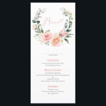 Dusty Pink Floral Wreath Wedding Menu Menükarte<br><div class="desc">Erschaffen Sie den perfekten Empfang! Wir lieben dieses trendige 4"x 9" Hochzeitsmenü! Es ist einfach, elegant und so hübsch. Es zeichnet sich durch ein hübsches, pickig staubfarbenes Aquarellkreidedesign aus. Es ist in eleganter Typografie personalisiert und mit handgeschriebener Kalligrafie akzentuiert. Suite hier: https://www.zazzle.com/collections/peach_pink_floral_eucalyptus_wreath_wedding-119912292411919869 Kontakt Designer für passende Produkte, um die Suite...</div>