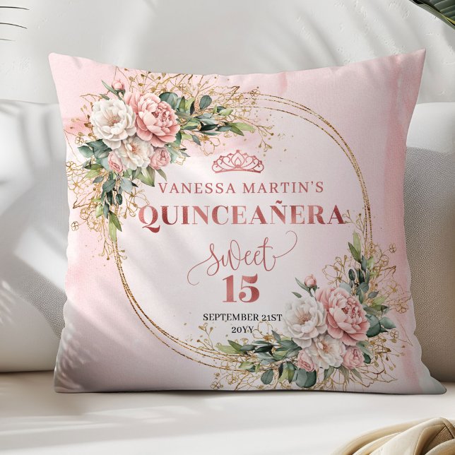 Dusty Pink Flowers Greenery Sweet 15 Pillow Gift Kissen (Dusty Pink Flowers Greenery Sweet 15 Pillow Gift)