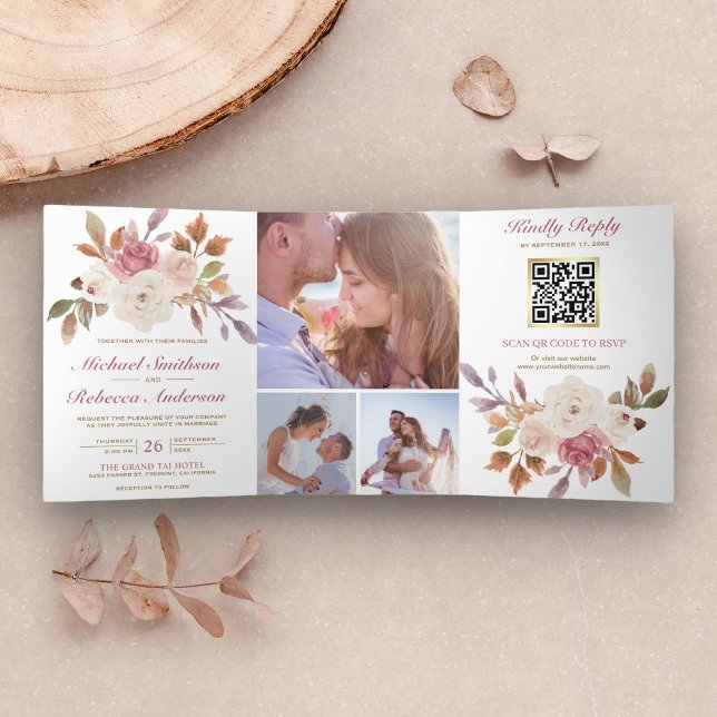 Dusty Pink Ivory Floral Foto QR Code Hochzeit Dreifach Gefaltete Einladung (Von Creator hochgeladen)