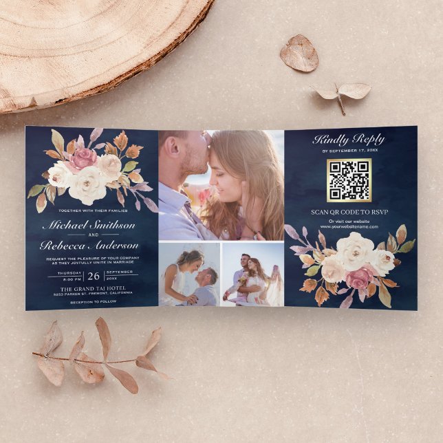 Dusty Pink Ivory Floral Navy Blue QR Code Hochzeit Dreifach Gefaltete Einladung (Von Creator hochgeladen)