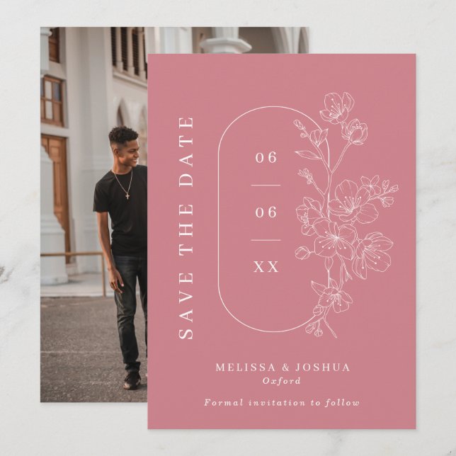 Dusty Pink Line Gezeichnet florale Foto Hochzeit Save The Date (Vorne/Hinten)