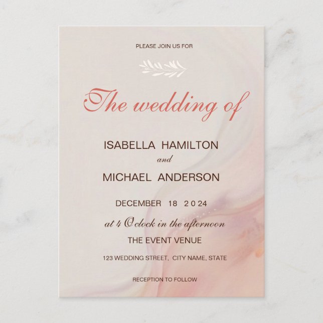 Dusty Pink Marble Script Calligraphy White Branch Einladungspostkarte (Vorderseite)