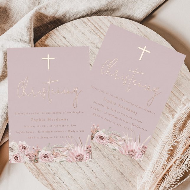 Dusty Pink Mauve Baby Girls Christening Rose Gold Folieneinladung (Von Creator hochgeladen)