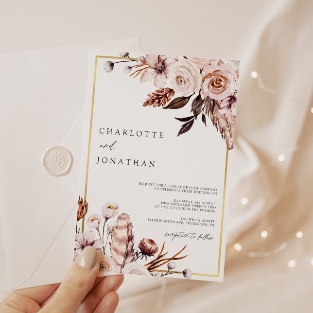 Dusty Pink & Mauve Gold Frame Foliage Wedding Einladung (Von Creator hochgeladen)