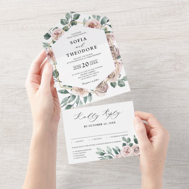 Dusty Pink Mauve Rose Floral Geometric Wedding All In One Einladung (Abreißen)