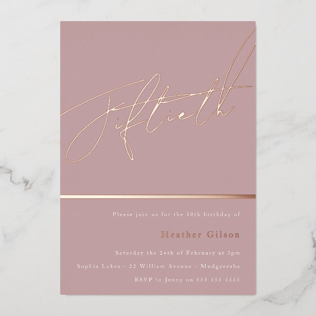 Dusty Pink Mauve Rose Gold 50. Geburtstag Folieneinladung (Vorderseite)