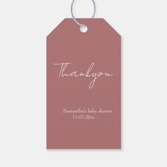 Dusty Pink Minimal Rustikale Babydusche Danke Geschenkanhänger (Vorderseite)