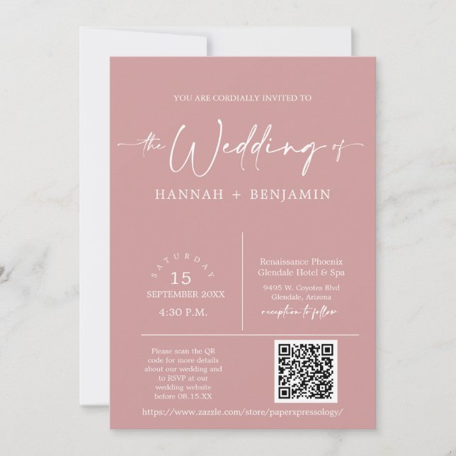 Dusty Pink Minimal Wedding Boho Arch QR Code Foto Einladung (Vorderseite)