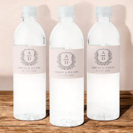 Dusty Pink Monogram Wedelfloral Wappen Wasserflaschenetikett