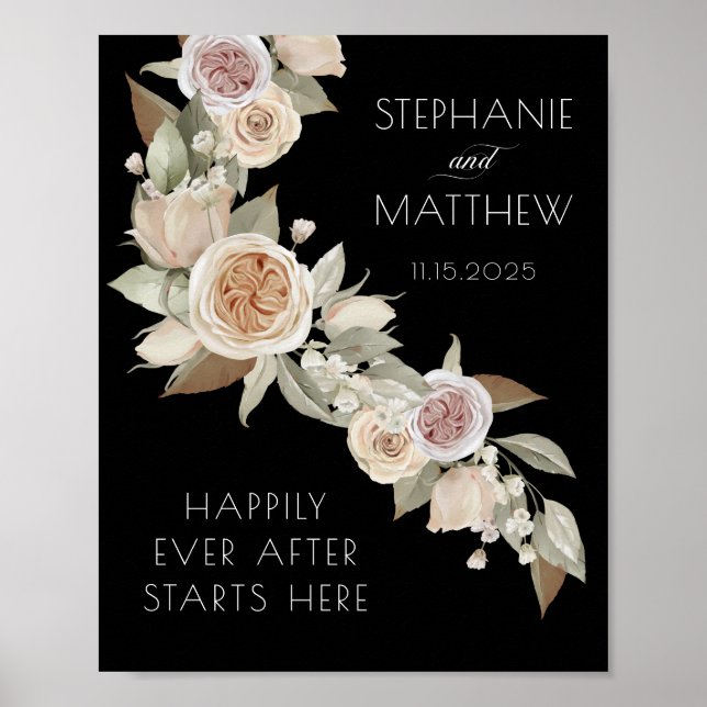 Dusty Pink Peach Flowy Botanical Black Wedding Poster (Vorne)