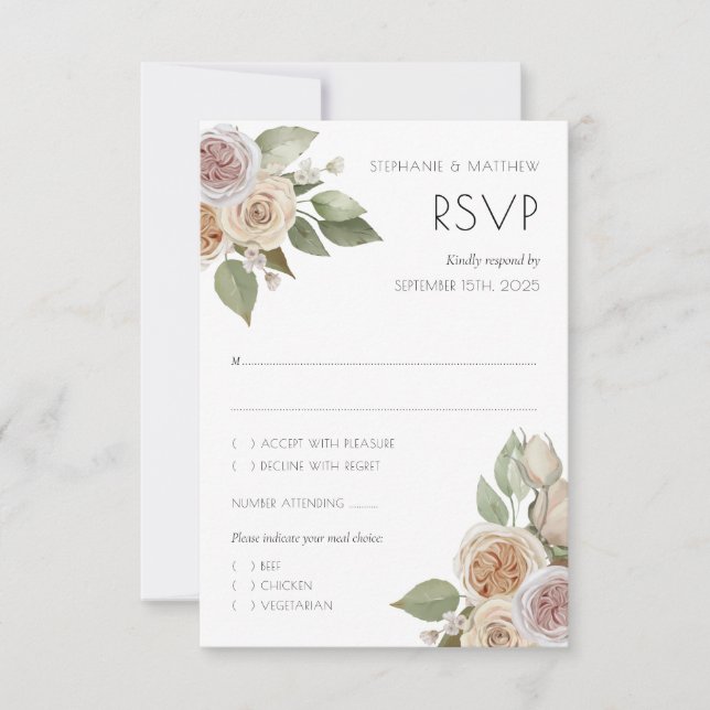 Dusty Pink Peach Rose Botanische Hochzeit RSVP Karte (Vorderseite)