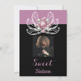 Dusty Pink Pearls Brooch Feathers & Foto Sweet 16 Einladung