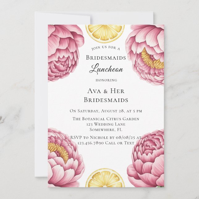 Dusty Pink Peonies and Lemon Bridesmaids Luncheon Einladung (Vorderseite)