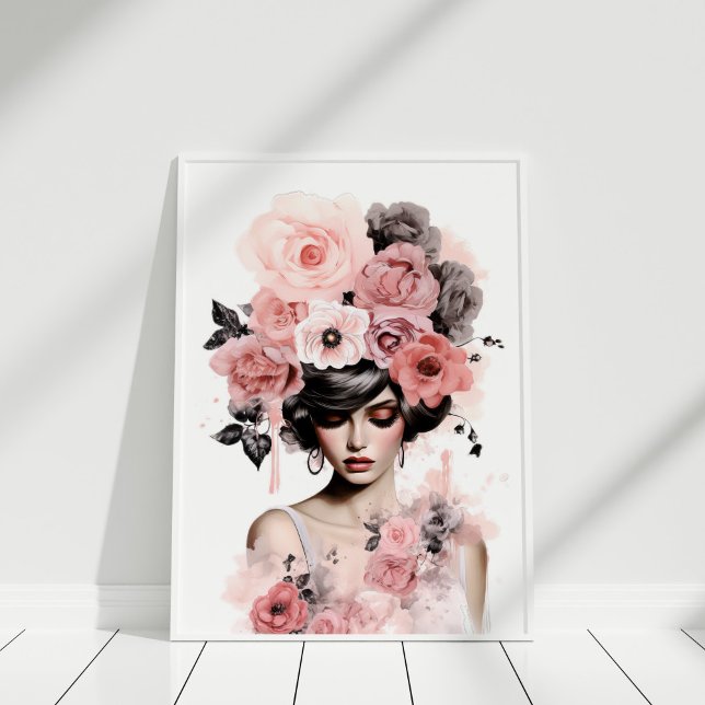Dusty Pink Peonies Floral Fashion Portrait Poster (Dusty Pink Peonies Floral Fashion Portrait Poster in a white frame)