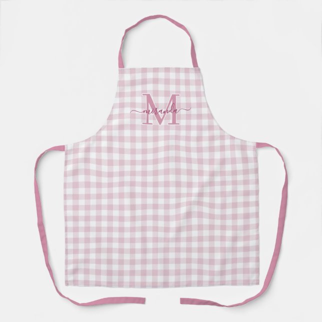 Dusty Pink Plaid Apron with Monogram & Name Schürze (Vorderseite)