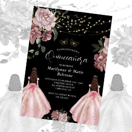 Dusty Pink Princess Floral Twins Quinceañera Einladung