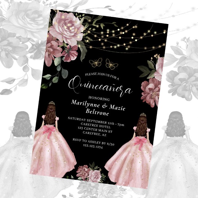 Dusty Pink Princess Floral Twins Quinceañera Einladung (Von Creator hochgeladen)
