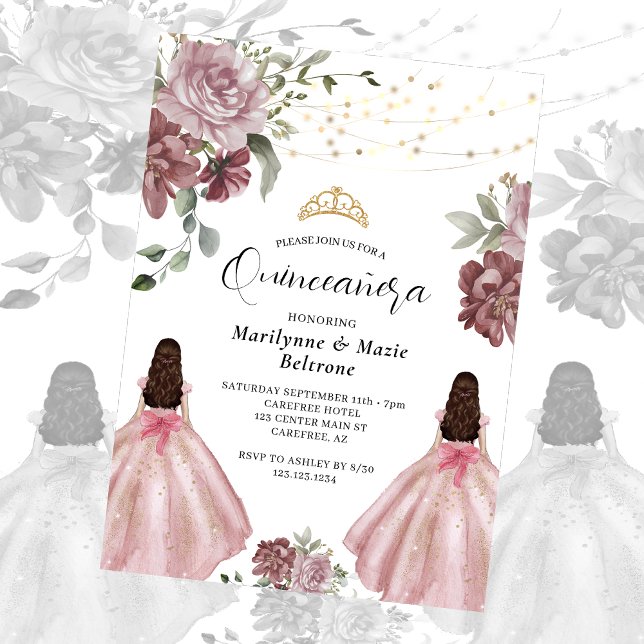 Dusty Pink Princess Floral Twins Quinceañera Einladung (Von Creator hochgeladen)