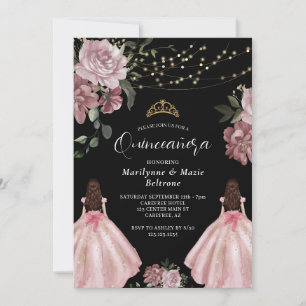 Dusty Pink Princess Floral Twins Quinceañera Einladung