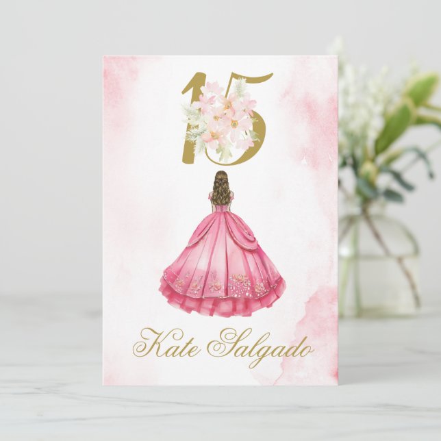 Dusty Pink Quinceanera Einladung (Stehend Vorderseite)