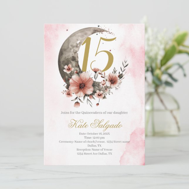 Dusty Pink Quinceanera Einladung (Stehend Vorderseite)