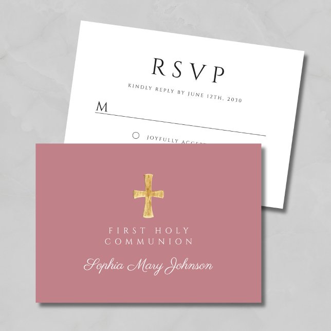 Dusty Pink Religious Cross Girl First Communion RSVP Karte (Dusty Pink Religious Cross Girl First Communion RSVP Card)