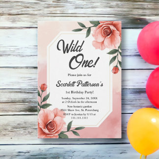 Dusty Pink Romantic Floral Wild 1 1. Geburtstag Einladung