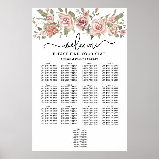 Dusty Pink Rose 13-Tisch Hochzeitstabelle Poster (Vorne)