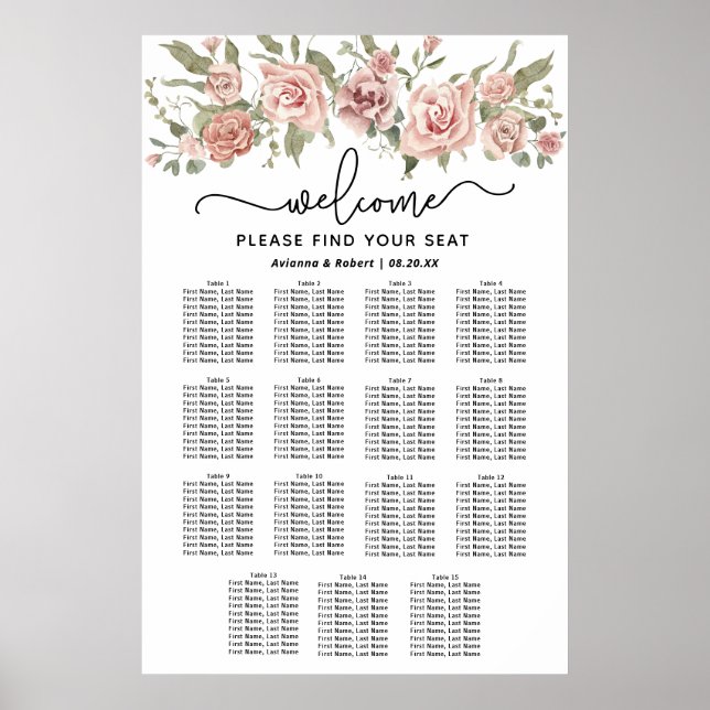 Dusty Pink Rose 15-Tisch Hochzeitstabelle Poster (Vorne)